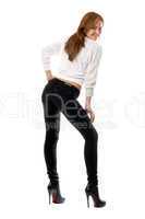 Attractive smiling girl in black tight jeans