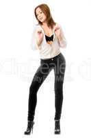 Pretty young woman in black tight jeans