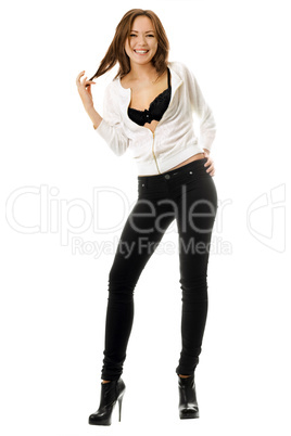 Attractive smiling girl in black tight jeans