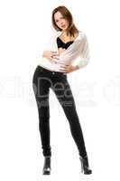 Young woman in black tight jeans