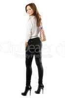 Smiling girl in black tight jeans