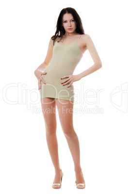 Playful woman posing in tight-fitting dress
