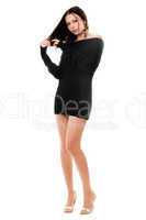 Playful woman in black dress