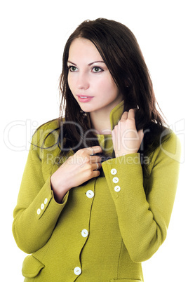 Pretty woman in yellow knitted jacket