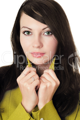 Pretty woman in yellow knitted jacket