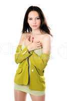 Pretty woman in yellow knitted jacket
