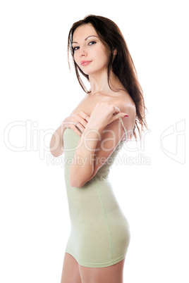 Playful woman in olive dress