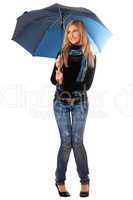 Beautiful smiling blonde with blue umbrella