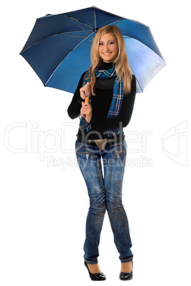 Beautiful cheerful blonde with blue umbrella