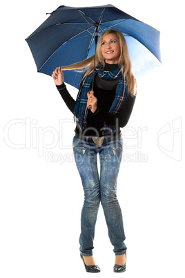 Beautiful playful blonde with blue umbrella