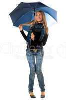 Beautiful playful blonde with blue umbrella