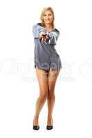 Playful young woman in man's shirts