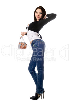 Smiling young brunette with a handbag