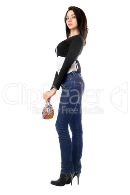 Beautiful young brunette with a handbag