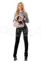 Cheerful young blonde with a handbag