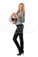 Cheerful young blonde with a handbag. Isolated