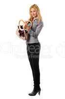 Smiling blonde with a handbag. Isolated