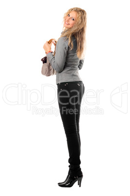 Cheerful pretty blonde with a handbag