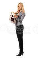 Smiling pretty blonde with a handbag. Isolated