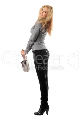 Beautiful smiling blonde with a handbag