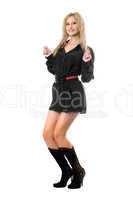 Cheerful young woman in black men's shirts