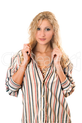 Sexy young blonde in a striped men's shirt