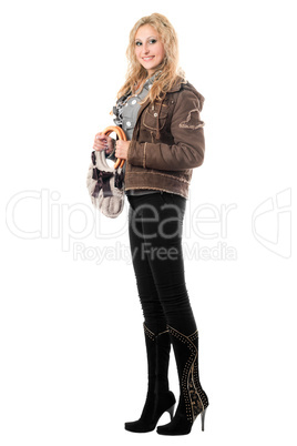 Beautiful smiling young blonde with a handbag