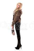 Smiling young blonde with a handbag. Isolated