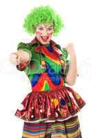 Portrait of joyful female clown. Isolated