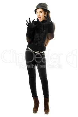 Expressive young brunette in gloves