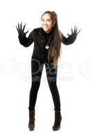 Playful young brunette in gloves with claws