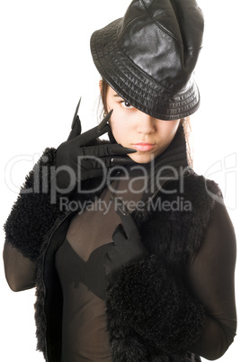 Portrait of attractive girl in gloves with claws