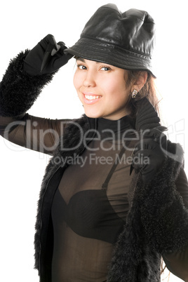 Portrait of smiling girl in gloves with claws. Isolated