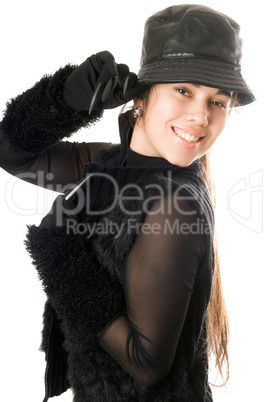 Portrait of joyful girl in gloves with claws. Isolated