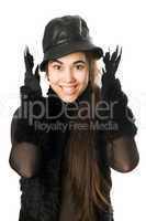 Portrait of cheerful girl in gloves with claws. Isolated