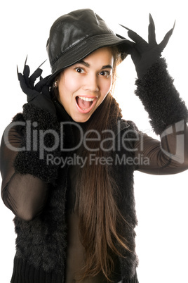 Cheerful girl in gloves with claws. Isolated