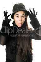 Funny girl in gloves with claws. Isolated