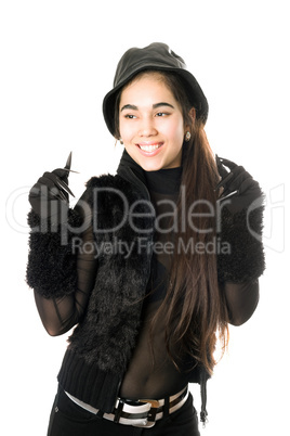 Joyful girl in gloves with claws. Isolated