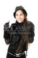 Joyful girl in gloves with claws. Isolated