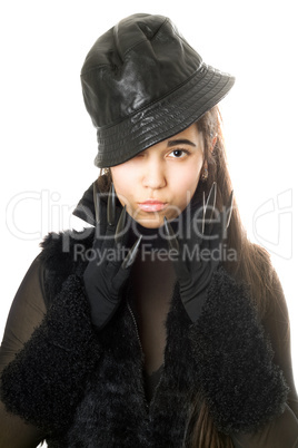 Portrait of attractive young brunette in gloves with claws