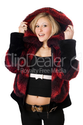 Cheerful blond woman in fur jacket