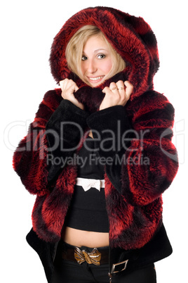Joyful blond woman in fur jacket
