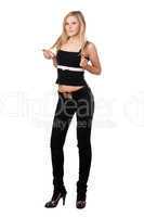 Young pretty woman in black pants. Isolated