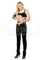 Woman in black holding puppy