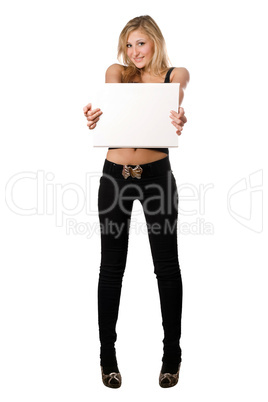 Playful blonde holding white billboard