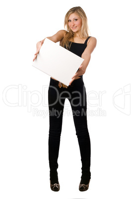 Blonde posing with white board