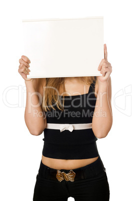 Woman covering her face with white board