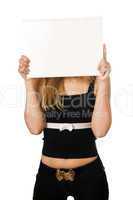 Woman covering her face with white board