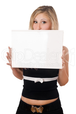 Surprised woman holding white board