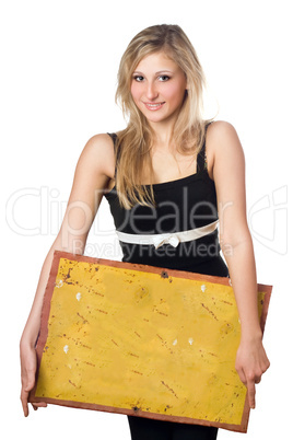 Blonde posing with yellow vintage board